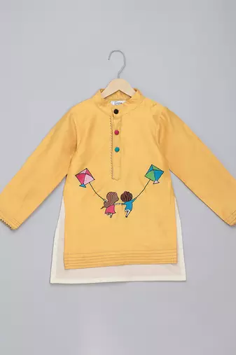 Mustard yellow kite printed cotton silk Men Kurta Set
