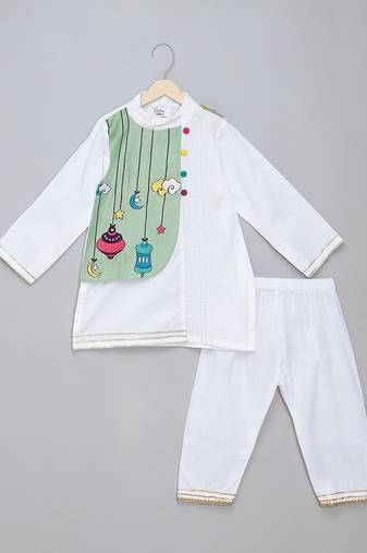 White green printed cotton silk Men Kurta Set