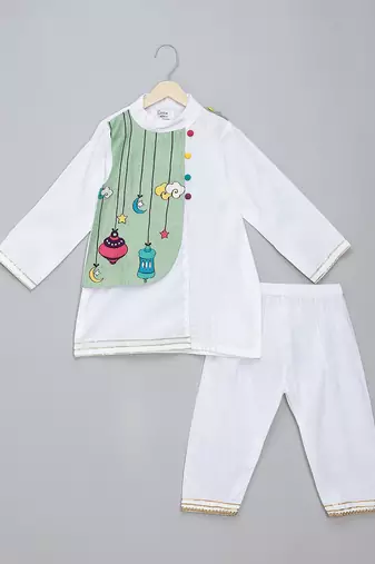 White green printed cotton silk Men Kurta Set
