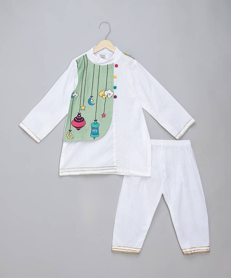 White green printed cotton silk Men Kurta Set