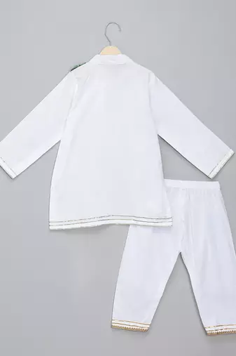 White green printed cotton silk Men Kurta Set