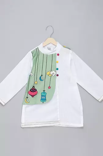White green printed cotton silk Men Kurta Set