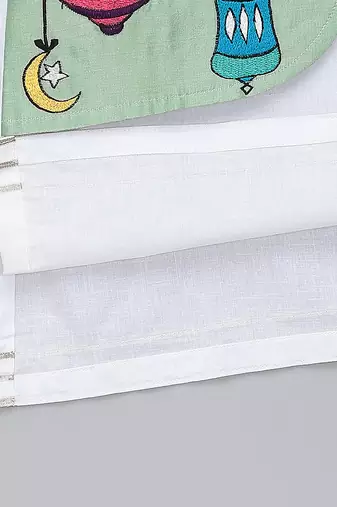 White green printed cotton silk Men Kurta Set