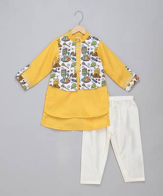 Mustard yellow printed cotton Men Kurta Set 1
