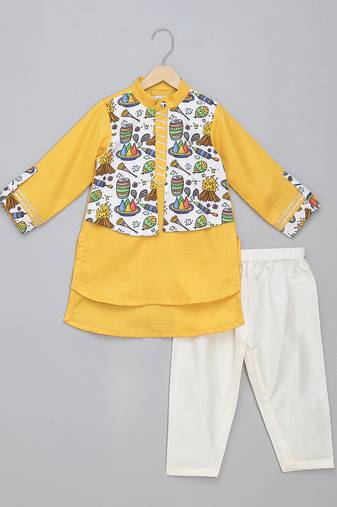 Mustard yellow printed cotton Men Kurta Set