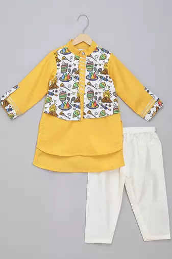 Mustard yellow printed cotton Men Kurta Set