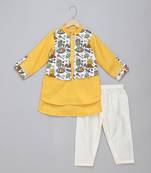 Mustard yellow printed cotton Men Kurta Set