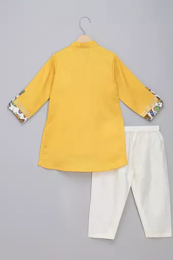 Mustard yellow printed cotton Men Kurta Set