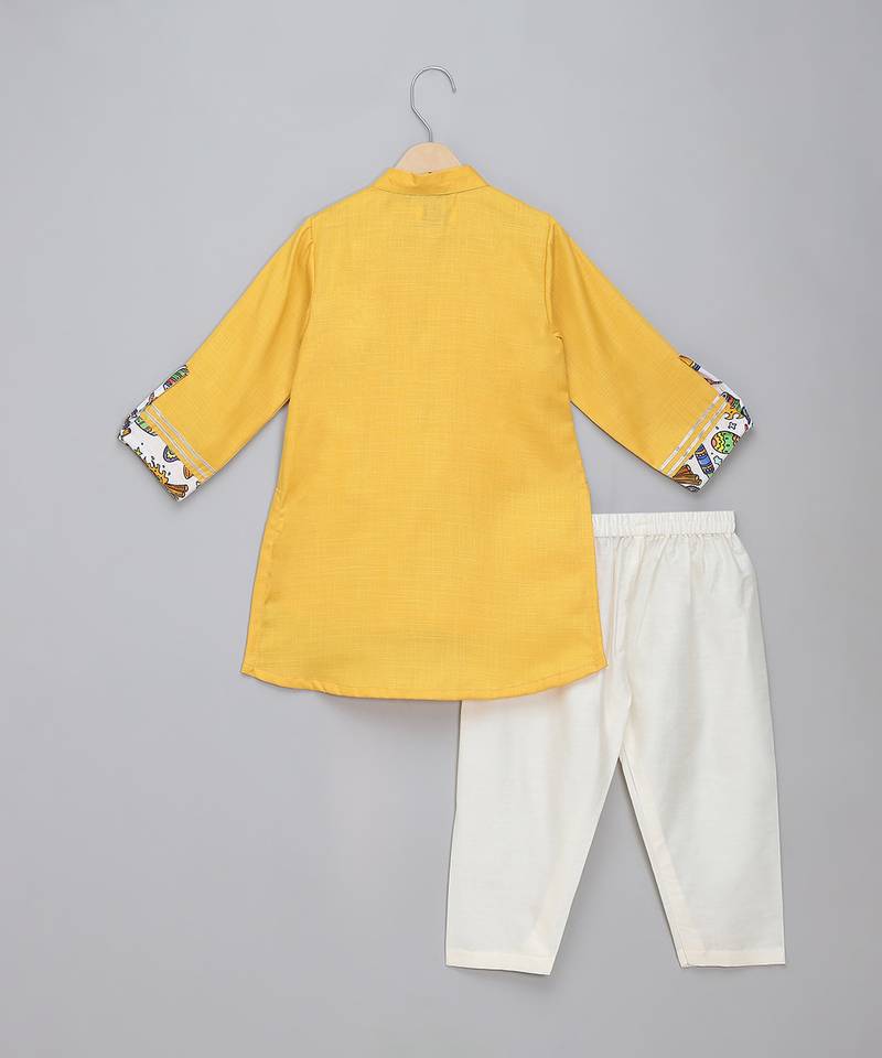 Mustard yellow printed cotton Men Kurta Set