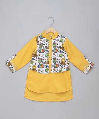 Mustard yellow printed cotton Men Kurta Set 3