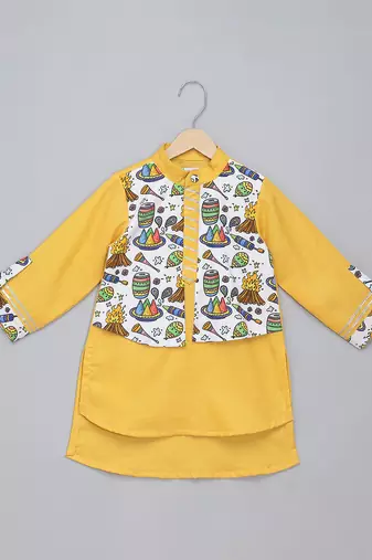 Mustard yellow printed cotton Men Kurta Set