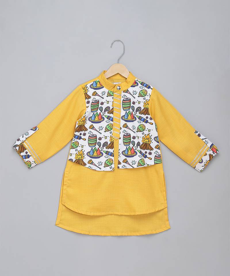 Mustard yellow printed cotton Men Kurta Set