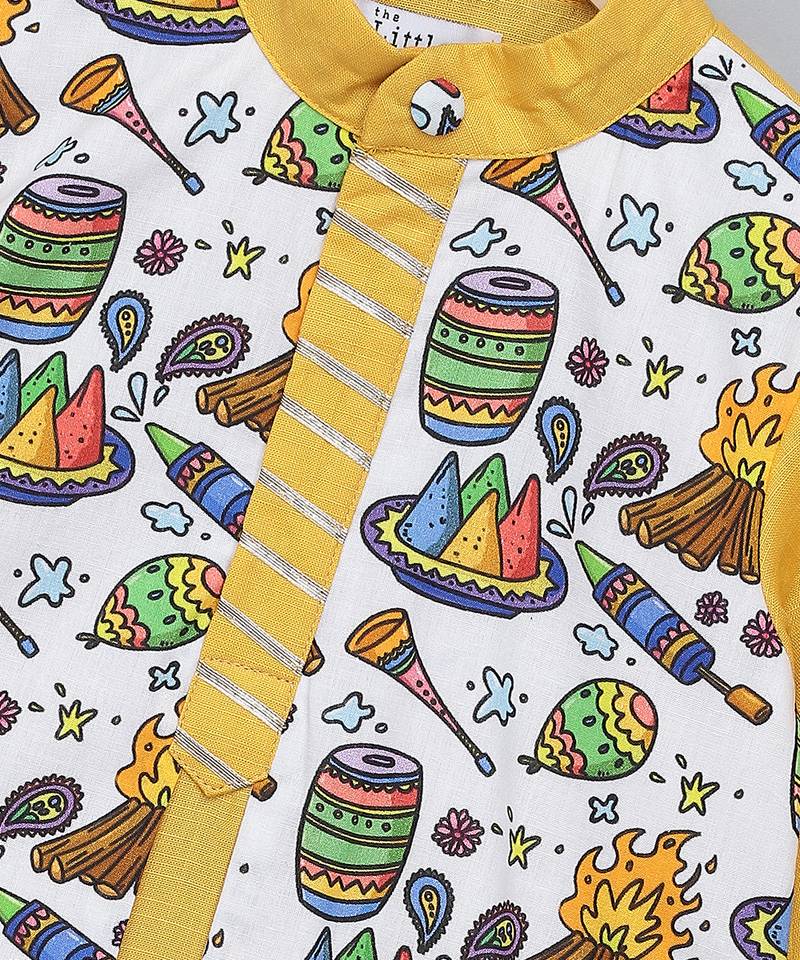 Mustard yellow printed cotton Men Kurta Set