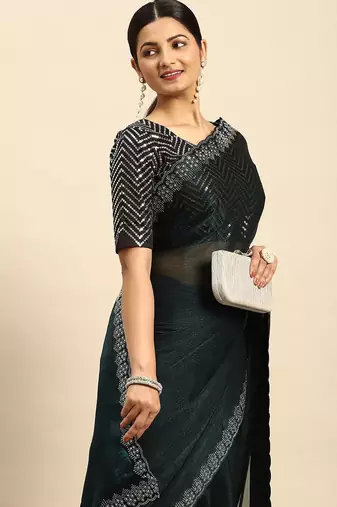 blue solid stones-studded organza saree