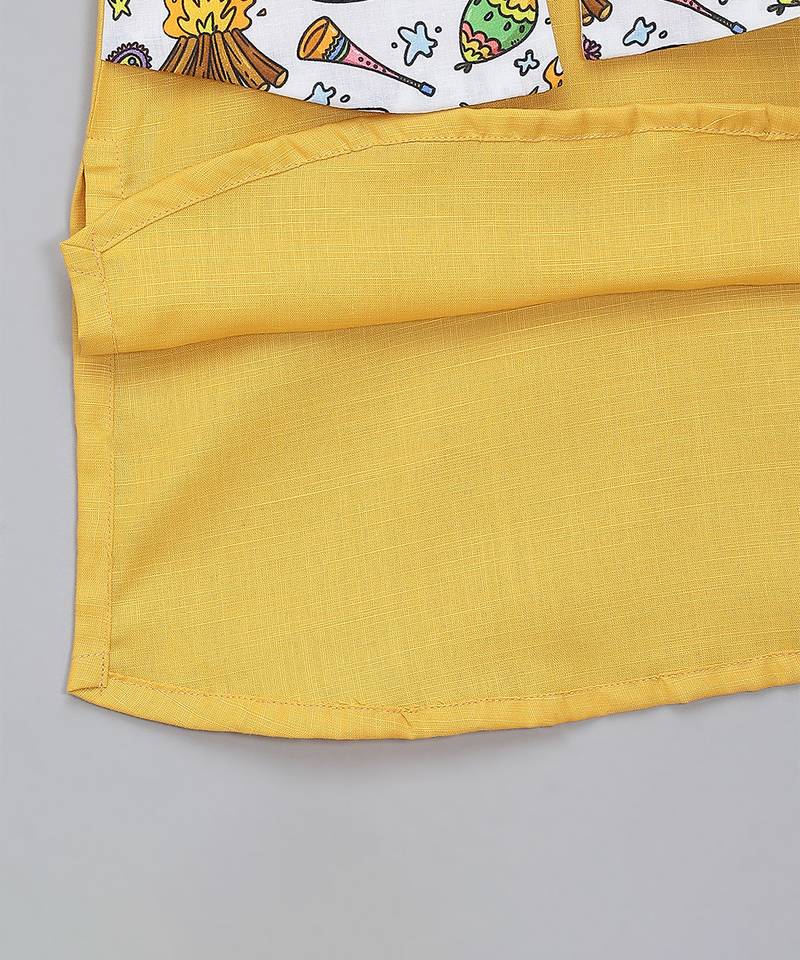Mustard yellow printed cotton Men Kurta Set