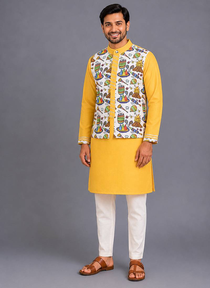 Mustard yellow printed cotton Men Kurta Set