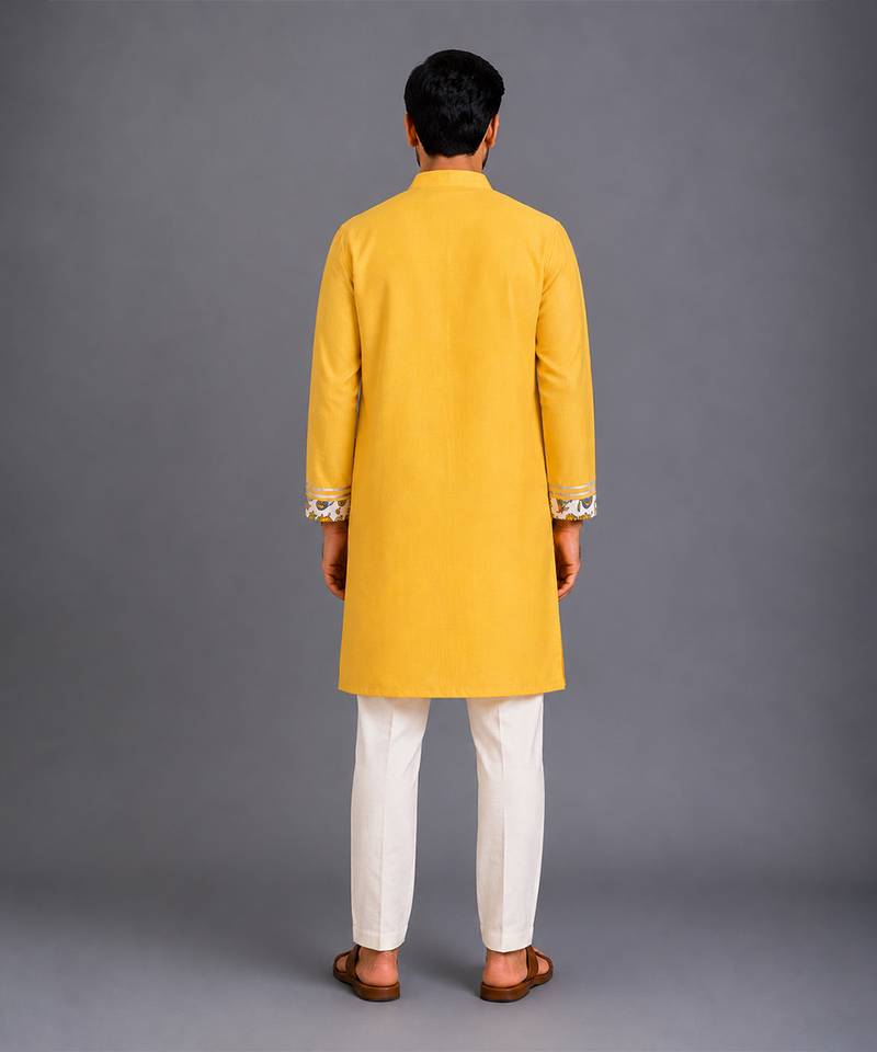 Mustard yellow printed cotton Men Kurta Set