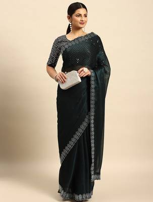 blue solid stones-studded organza saree 2