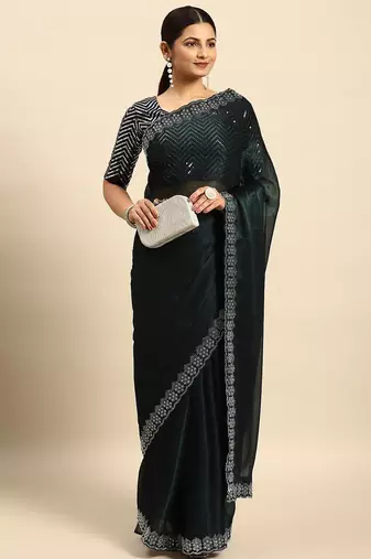blue solid stones-studded organza saree