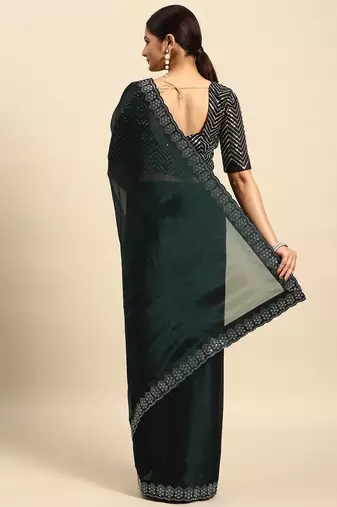 blue solid stones-studded organza saree