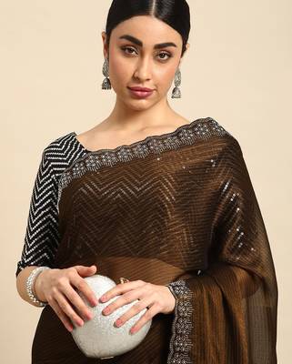 brown solid stones-studded organza saree 1