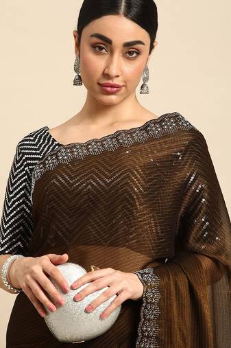 brown solid stones-studded organza saree