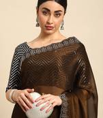 brown solid stones-studded organza saree