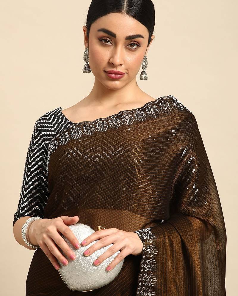 brown solid stones-studded organza saree