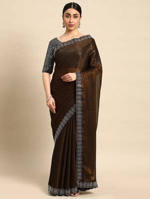 brown solid stones-studded organza saree 2