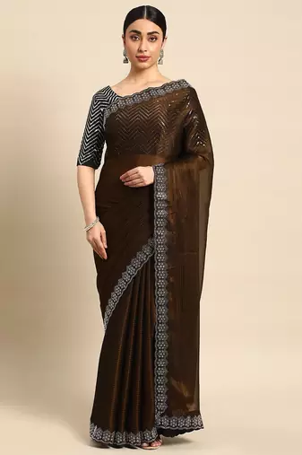 brown solid stones-studded organza saree