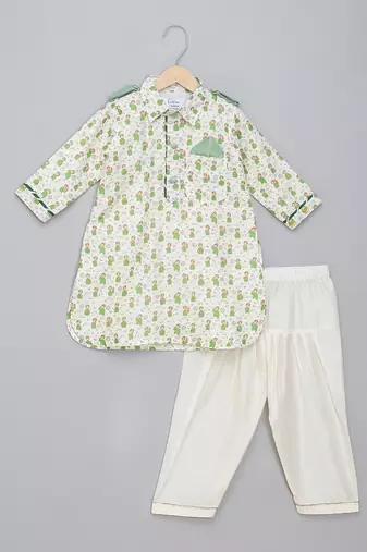 Sage green printed cotton silk Men Kurta Set