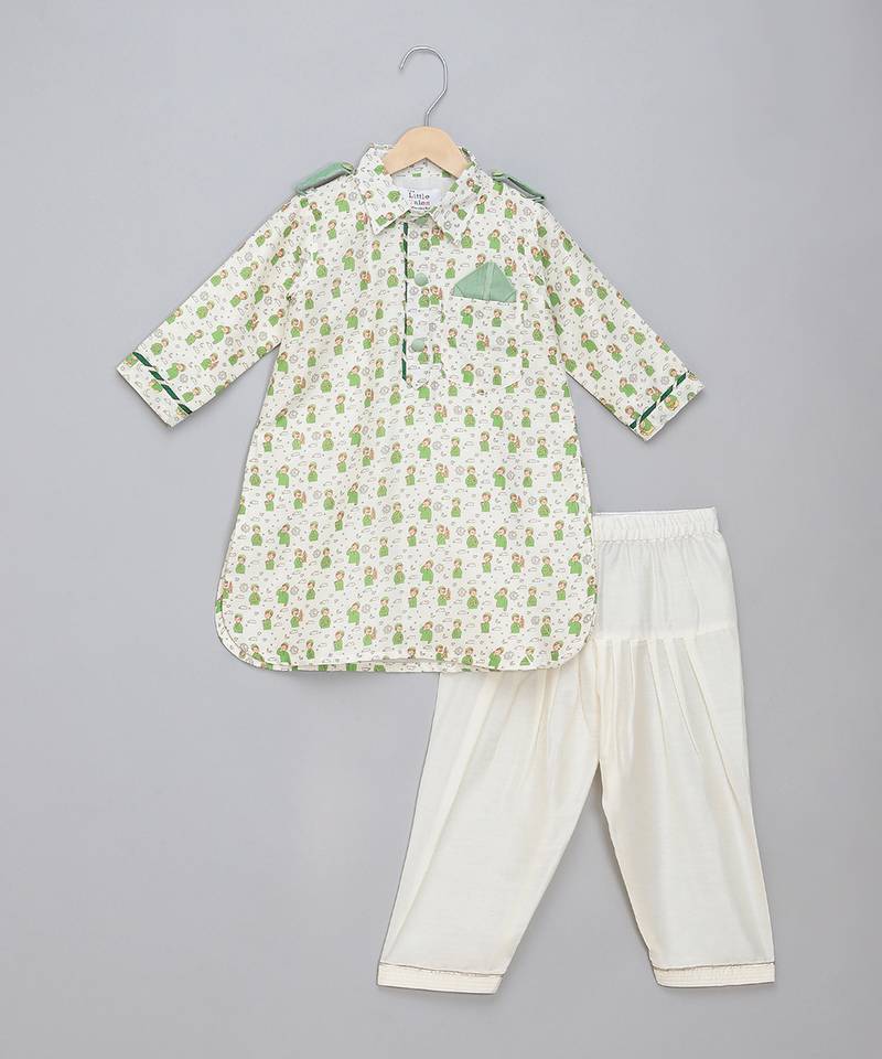 Sage green printed cotton silk Men Kurta Set