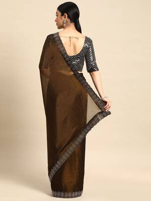 brown solid stones-studded organza saree 3