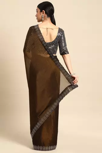 brown solid stones-studded organza saree