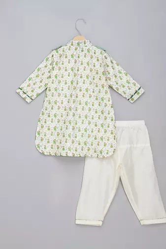 Sage green printed cotton silk Men Kurta Set