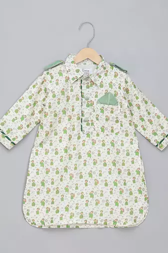 Sage green printed cotton silk Men Kurta Set