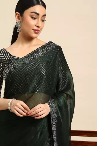 green solid stones-studded organza saree