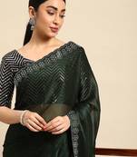 green solid stones-studded organza saree