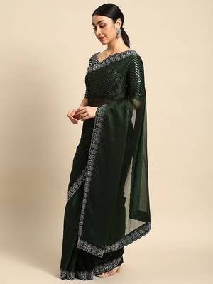 green solid stones-studded organza saree 2