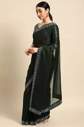 green solid stones-studded organza saree
