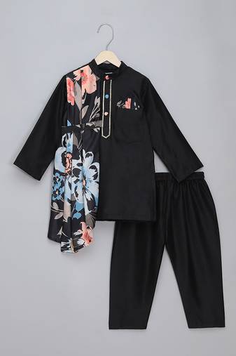 Black printed cotton silk Men Kurta Set
