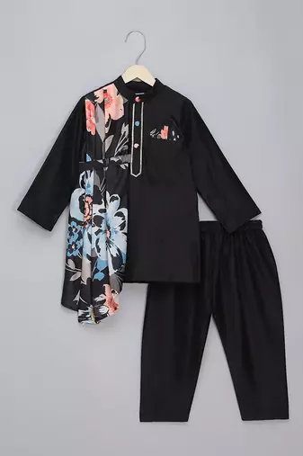 Black printed cotton silk Men Kurta Set