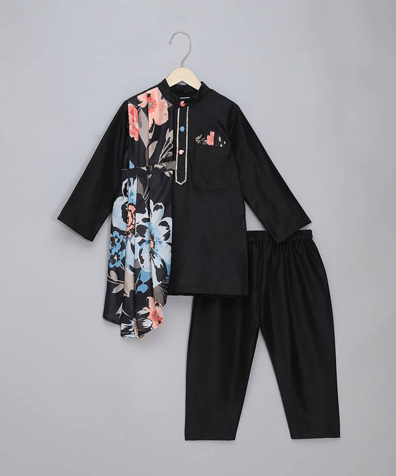 Black printed cotton silk Men Kurta Set