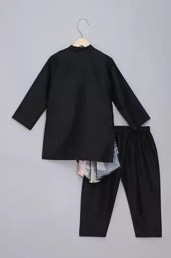 Black printed cotton silk Men Kurta Set