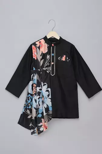 Black printed cotton silk Men Kurta Set