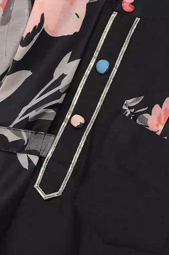 Black printed cotton silk Men Kurta Set