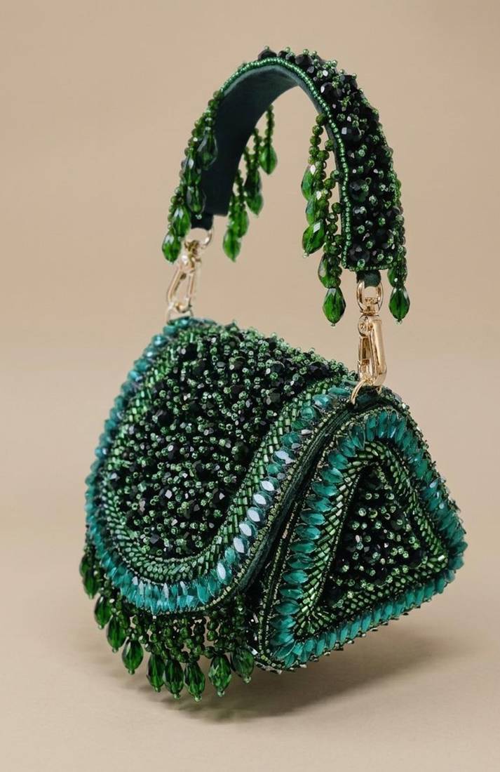 Emerald cascade beaded handbag