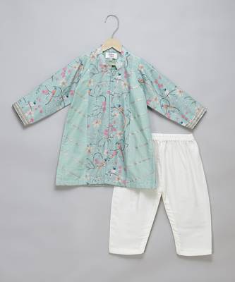 Powder blue printed cotton silk Men Kurta Set 1