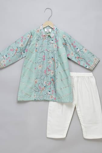 Powder blue printed cotton silk Men Kurta Set