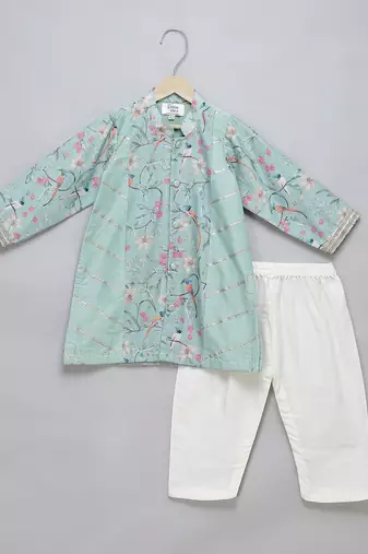 Powder blue printed cotton silk Men Kurta Set